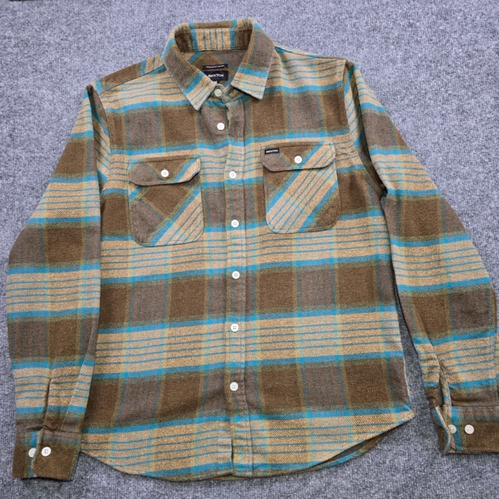Brixton Olive Green and Teal Plaid Button-Down Shirt